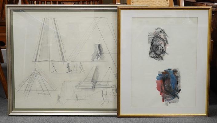 Peter Thursby (1930-2011), two pencils and mixed medias, abstracts, one signed and dated 23/8/70, largest 57 x 74cm. Condition - fair